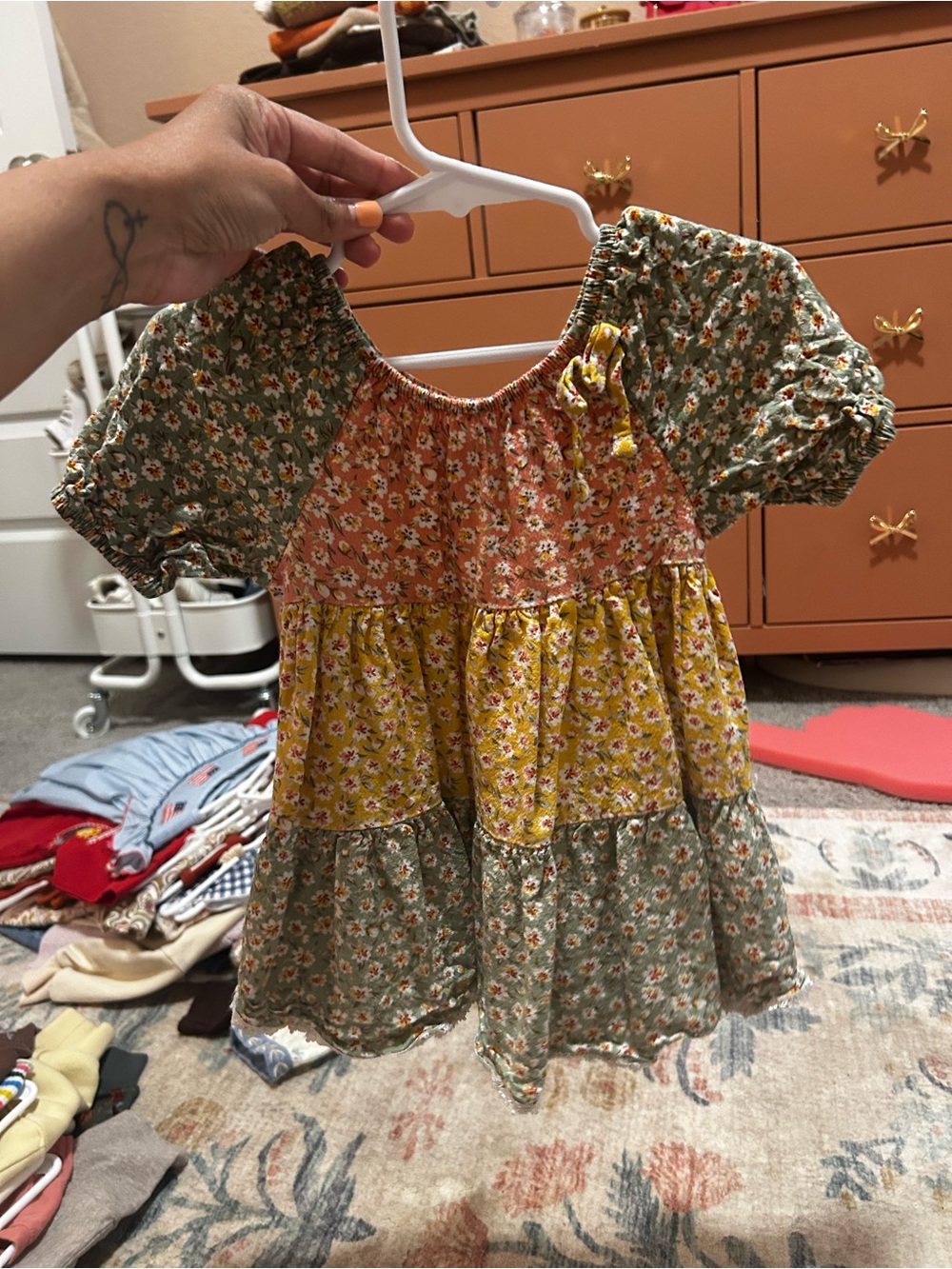 Bonnie Baby Floral Patchwork Tiered Dress in Olive, Mustard & Rust